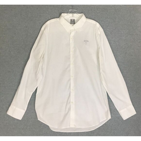 Tesla Motors Dress Shirt Mens Large White Long Sleeve Button Up Embroidered Logo